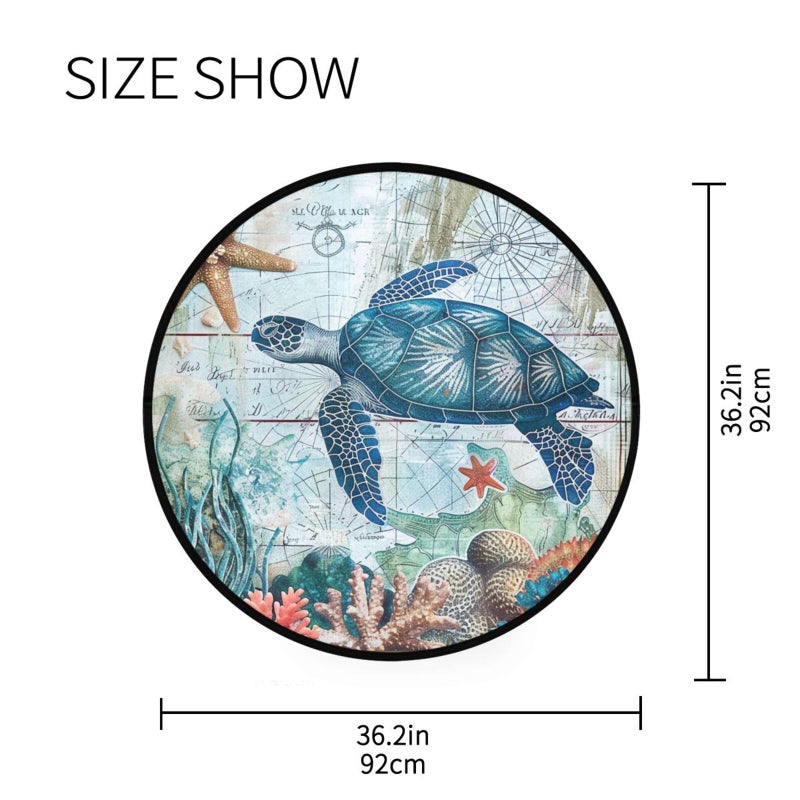 Vdsrup Sea Turtle Starfish Retro Map Round Area Rug Non Slip Round Rug Doormat Door Floor Mat Carpet for Living Room Bedroom Home Decor - Image 2